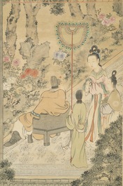 Gu Jianlong (Chine, 1606-1687): Figures dans un jardin, encre et couleurs sur papier, mont&eacute;